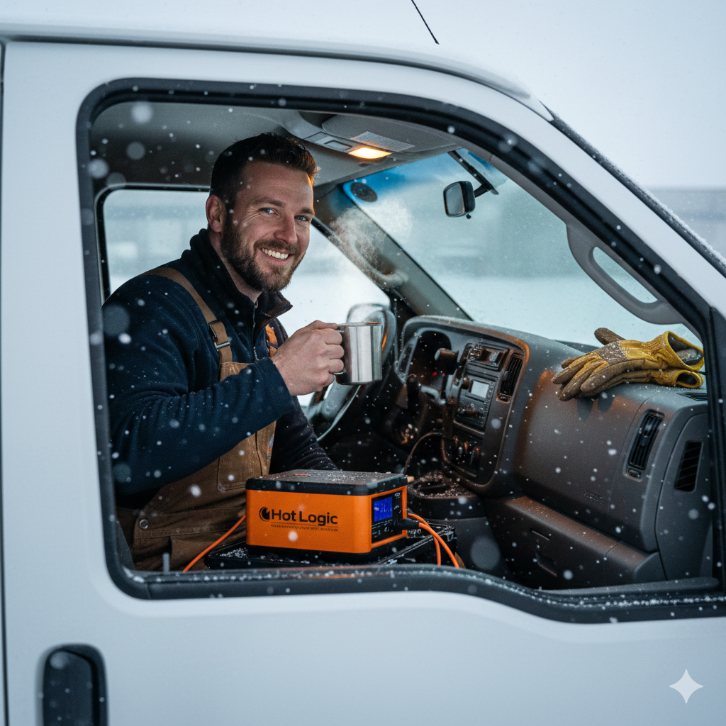 Interior view of a service vehicle's cabin where a man in a warm work jacket is smiling and holding a steaming metal mug. Through the windshield, a snowy winter landscape is visible with soft snowflakes falling. The scene conveys a moment of relief and warmth during a cold outdoor work day.