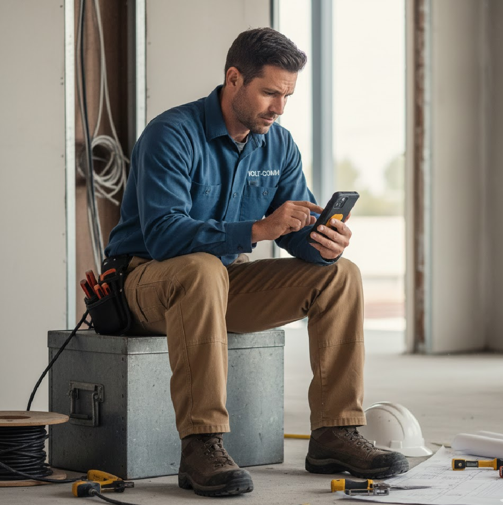 A high-quality representation of a modern tradesman utilizing smartphone technology for project management and field service diagnostics.