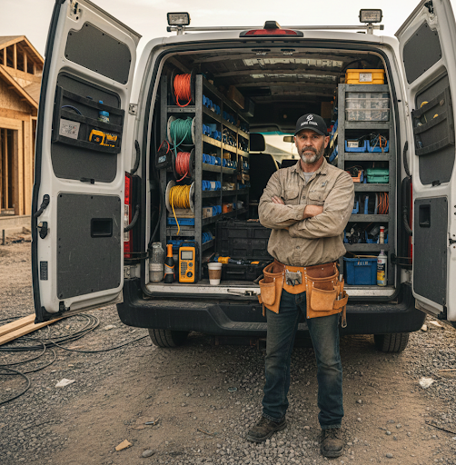 Experienced low volt tools technician standing in front of organized cargo van with specialized installation gear.